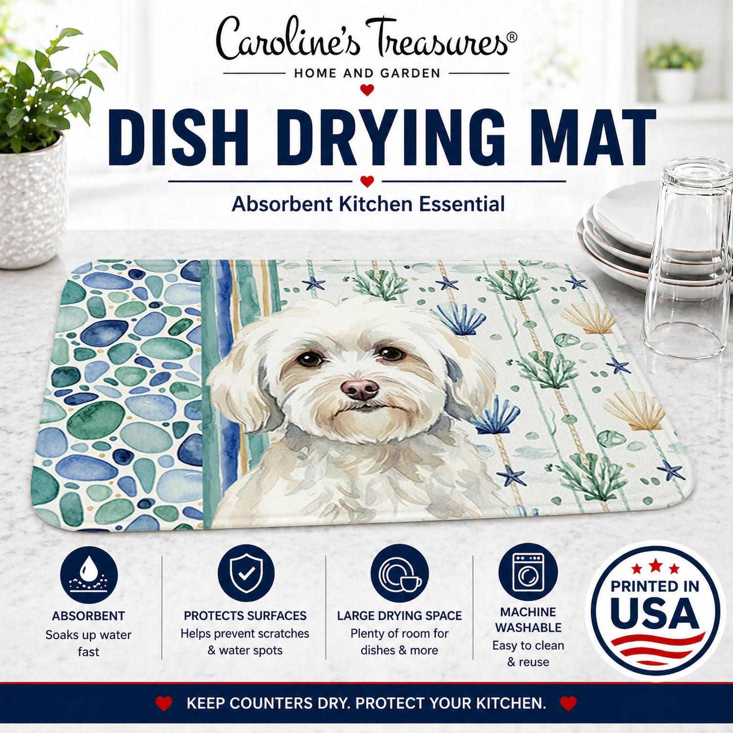 White Havanese Coastal Sea Glass Dish Drying Mat Absorbent Dish Drying Mat Pad for Kitchen Counter Dish Drainer Mat for Countertop, 14 x 21", Multicolor