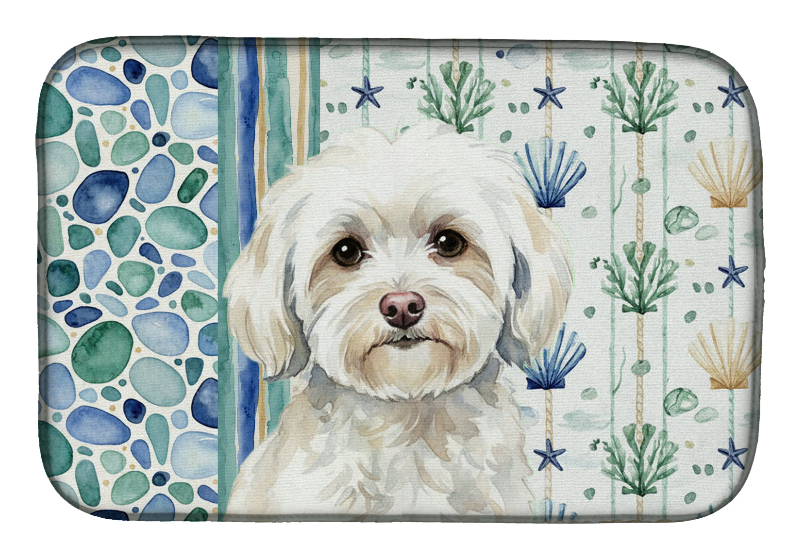 White Havanese Coastal Sea Glass Dish Drying Mat Absorbent Dish Drying Mat Pad for Kitchen Counter Dish Drainer Mat for Countertop, 14 x 21", Multicolor