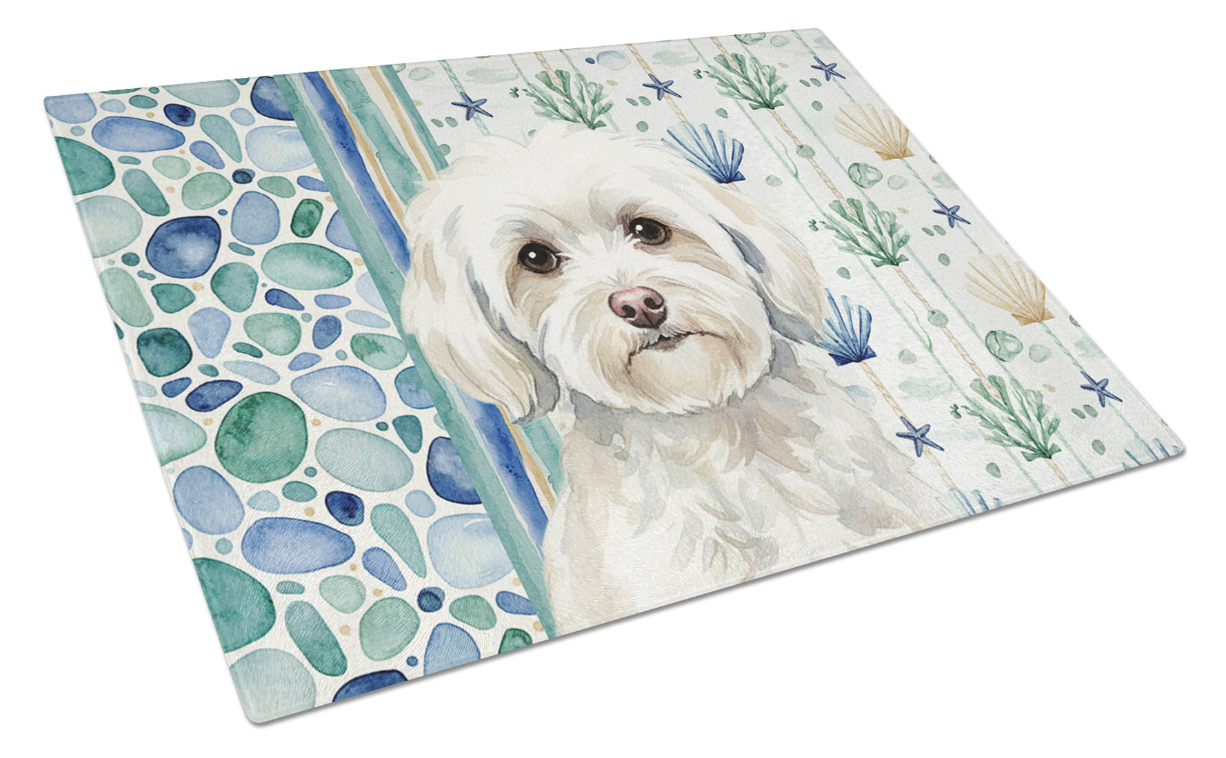 White Havanese Coastal Sea Glass Cutting Board Tempered Glass Kitchen Cutting Surface, Heat Resistant Chopping, Non-Slip Feet, Food Prep & Serving