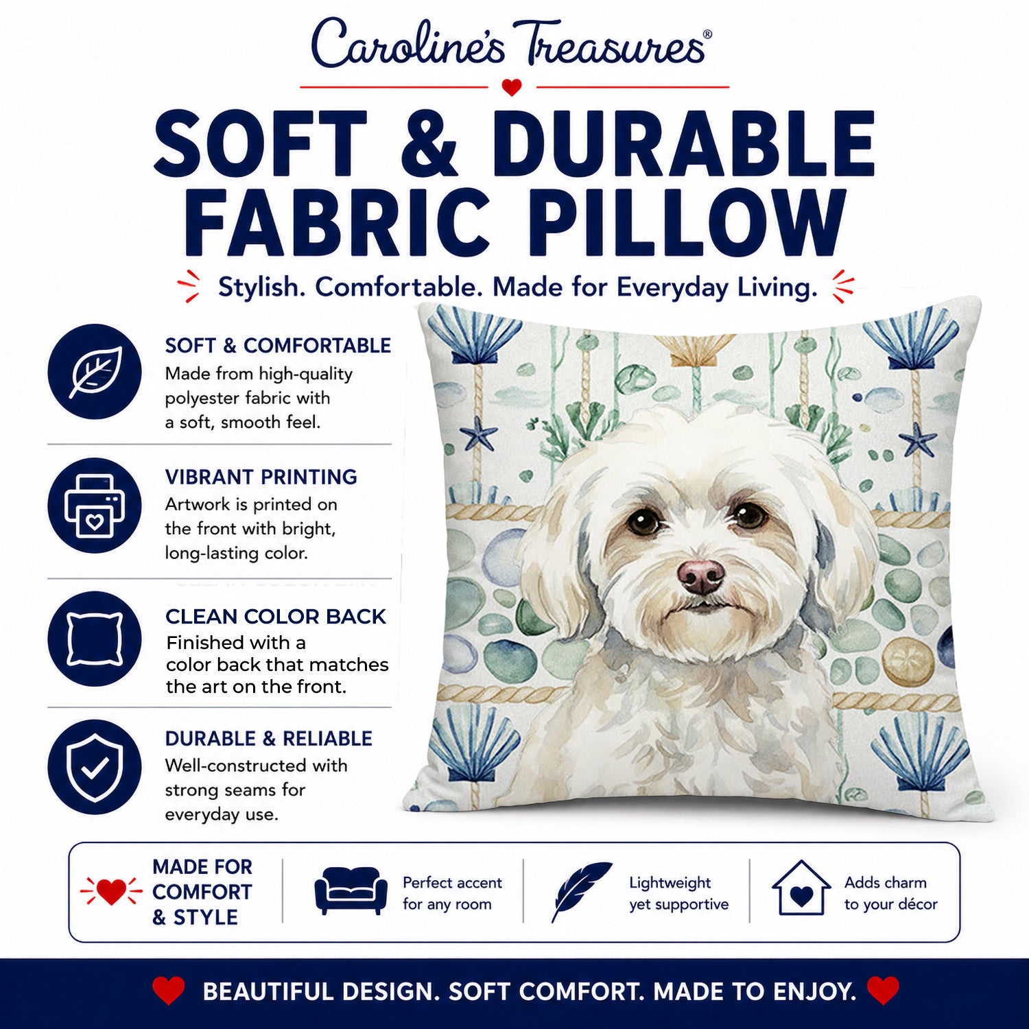 White Havanese Coastal Sea Glass Decorative Throw Pillow 18x18 Indoor Outdoor Accent Cushion, Fabric Cover with Insert for Sofa, Bed, Porch & Living Room
