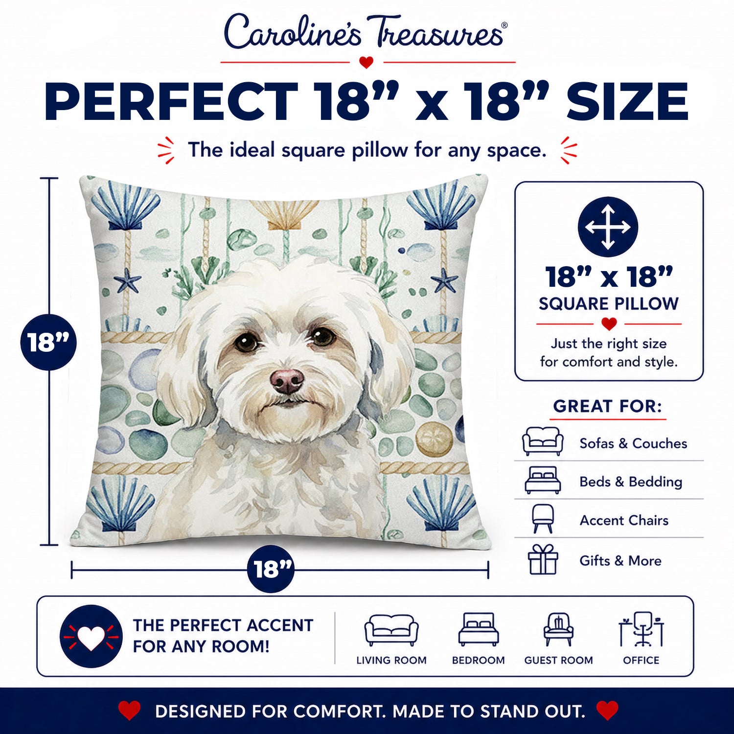 White Havanese Coastal Sea Glass Decorative Throw Pillow 18x18 Indoor Outdoor Accent Cushion, Fabric Cover with Insert for Sofa, Bed, Porch & Living Room