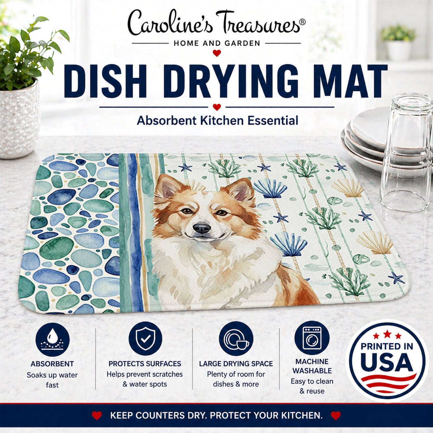 Tan Icelandic Sheepdog Coastal Sea Glass Dish Drying Mat Absorbent Dish Drying Mat Pad for Kitchen Counter Dish Drainer Mat for Countertop, 14 x 21", Multicolor