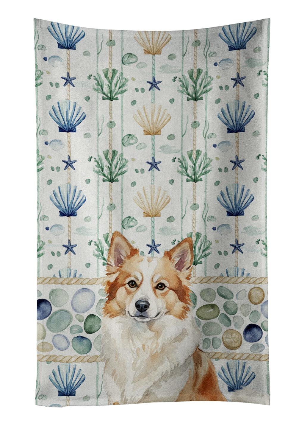 Tan Icelandic Sheepdog Coastal Sea Glass Kitchen Towel Velour Plush Front and Cotton Loop Back Machine Washable