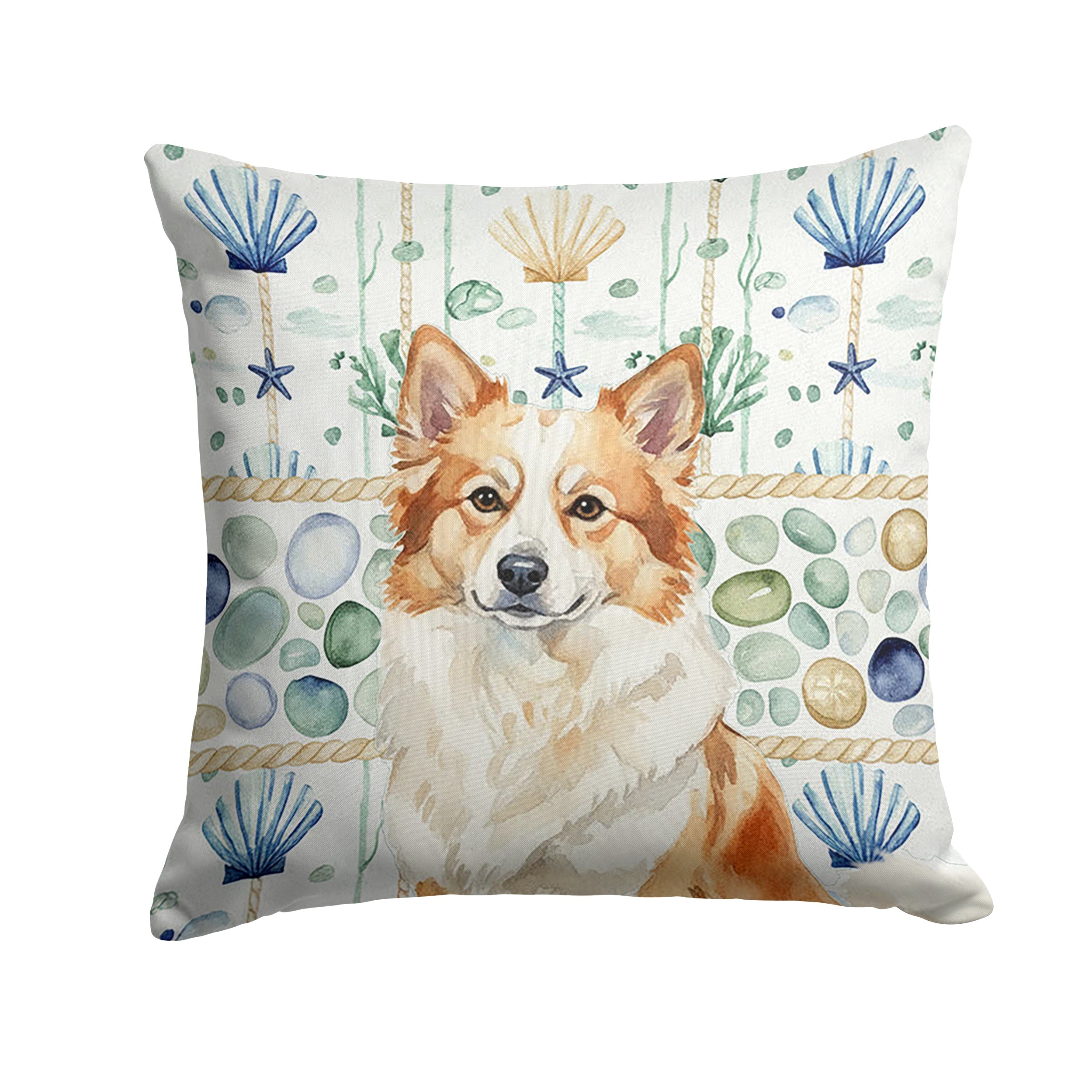 Tan Icelandic Sheepdog Coastal Sea Glass Decorative Throw Pillow 14x14 Indoor Outdoor Accent Cushion, Fabric Cover with Insert for Sofa, Bed, Porch & Living Room