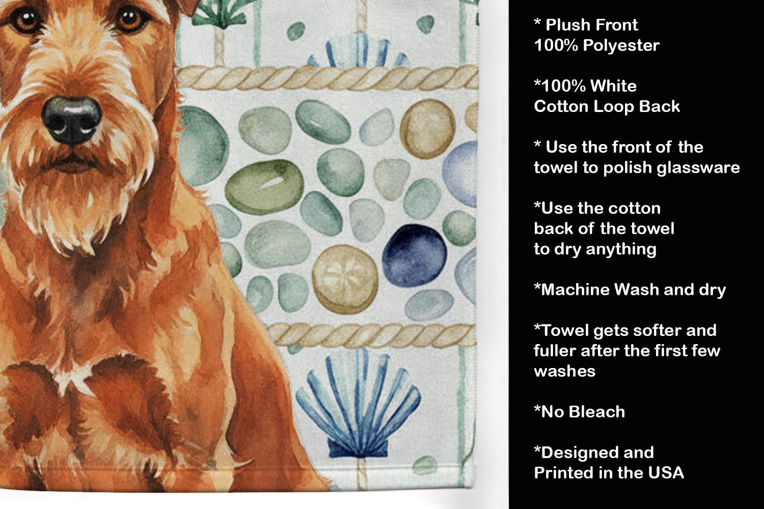Irish Terrier Coastal Sea Glass Kitchen Towel Velour Plush Front and Cotton Loop Back Machine Washable