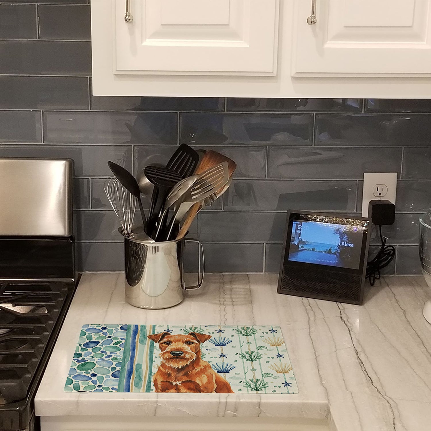 Irish Terrier Coastal Sea Glass Cutting Board Tempered Glass Kitchen Cutting Surface, Heat Resistant Chopping, Non-Slip Feet, Food Prep & Serving