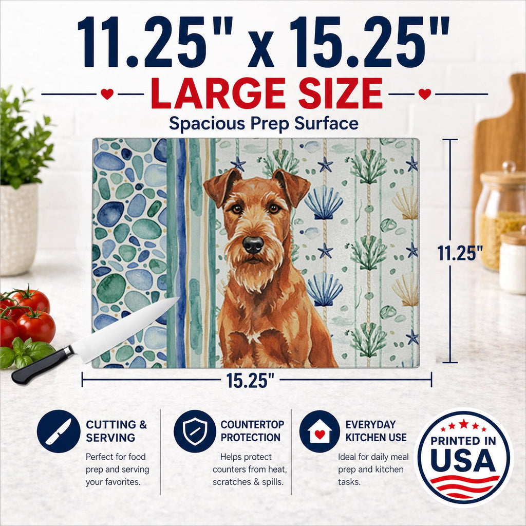Irish Terrier Coastal Sea Glass Cutting Board Tempered Glass Kitchen Cutting Surface, Heat Resistant Chopping, Non-Slip Feet, Food Prep & Serving