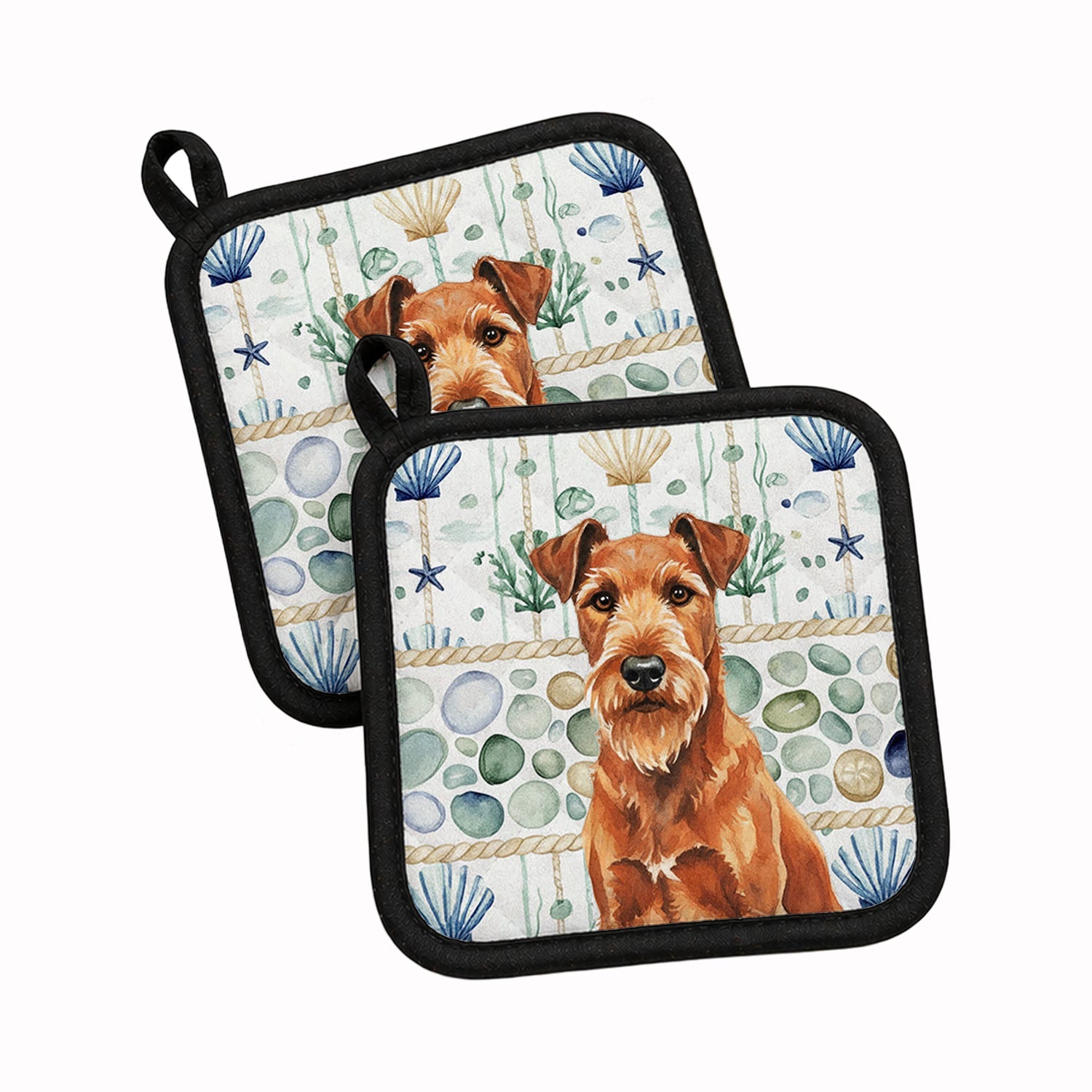 Irish Terrier Coastal Sea Glass Pot Holder Set of 2 Heat Resistant Quilted Hot Pads 7.5 x 7.5 Inch, Insulated Kitchen Trivets for Cooking & Baking