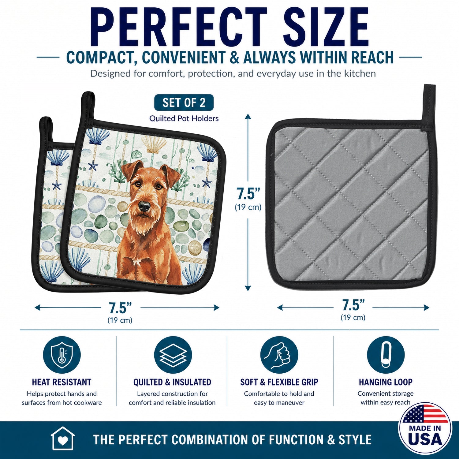 Irish Terrier Coastal Sea Glass Pot Holder Set of 2 Heat Resistant Quilted Hot Pads 7.5 x 7.5 Inch, Insulated Kitchen Trivets for Cooking & Baking