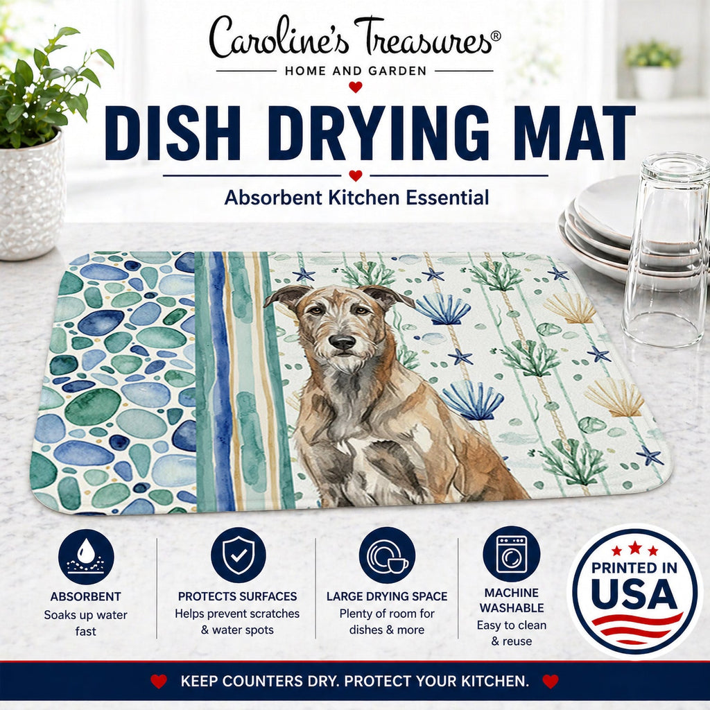 Brindle Irish Wolfhound Coastal Sea Glass Dish Drying Mat Absorbent Dish Drying Mat Pad for Kitchen Counter Dish Drainer Mat for Countertop, 14 x 21", Multicolor