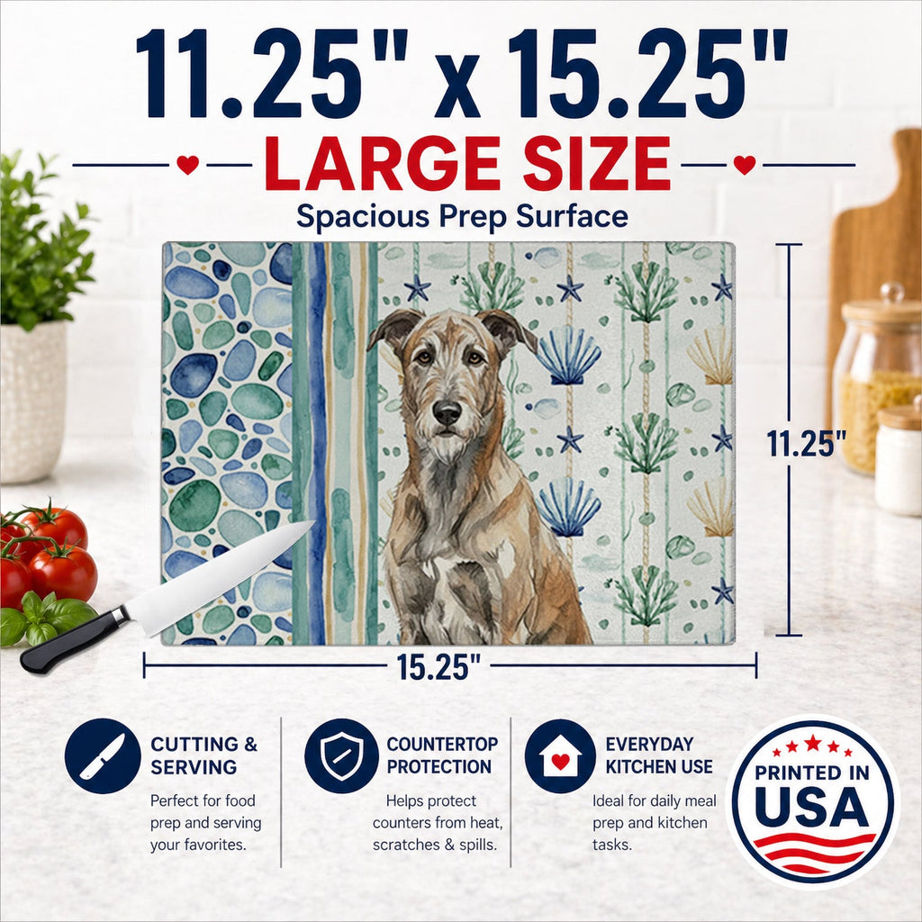 Brindle Irish Wolfhound Coastal Sea Glass Cutting Board Tempered Glass Kitchen Cutting Surface, Heat Resistant Chopping, Non-Slip Feet, Food Prep & Serving