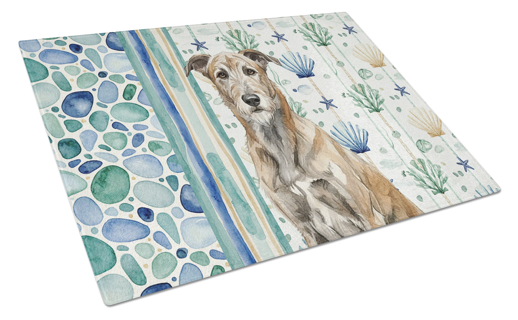 Brindle Irish Wolfhound Coastal Sea Glass Cutting Board Tempered Glass Kitchen Cutting Surface, Heat Resistant Chopping, Non-Slip Feet, Food Prep & Serving