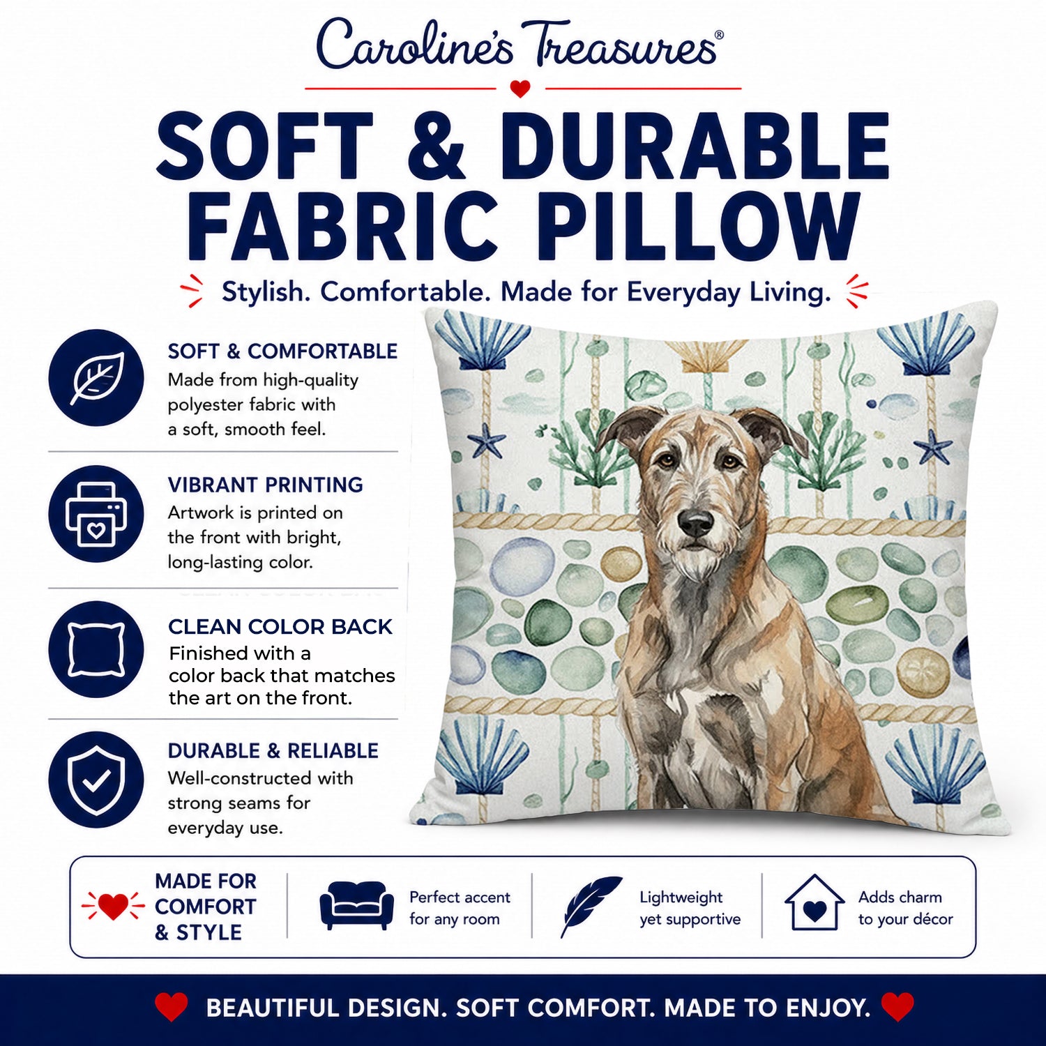 Brindle Irish Wolfhound Coastal Sea Glass Decorative Throw Pillow 14x14 Indoor Outdoor Accent Cushion, Fabric Cover with Insert for Sofa, Bed, Porch & Living Room