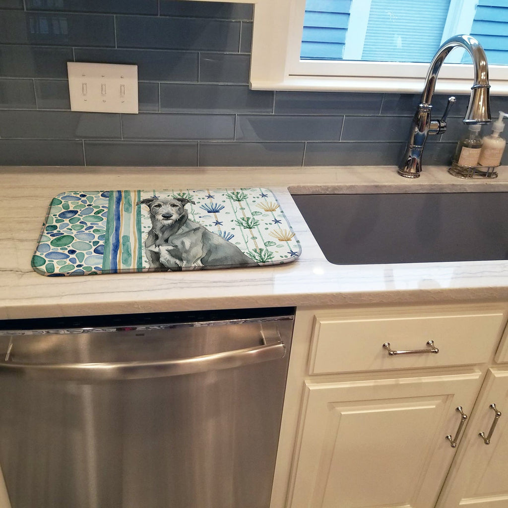 Gray Irish Wolfhound Coastal Sea Glass Dish Drying Mat Absorbent Dish Drying Mat Pad for Kitchen Counter Dish Drainer Mat for Countertop, 14 x 21", Multicolor