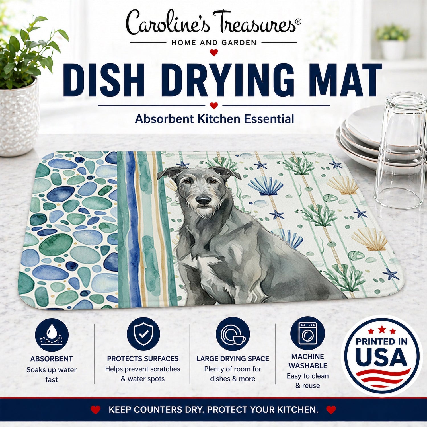 Gray Irish Wolfhound Coastal Sea Glass Dish Drying Mat Absorbent Dish Drying Mat Pad for Kitchen Counter Dish Drainer Mat for Countertop, 14 x 21", Multicolor