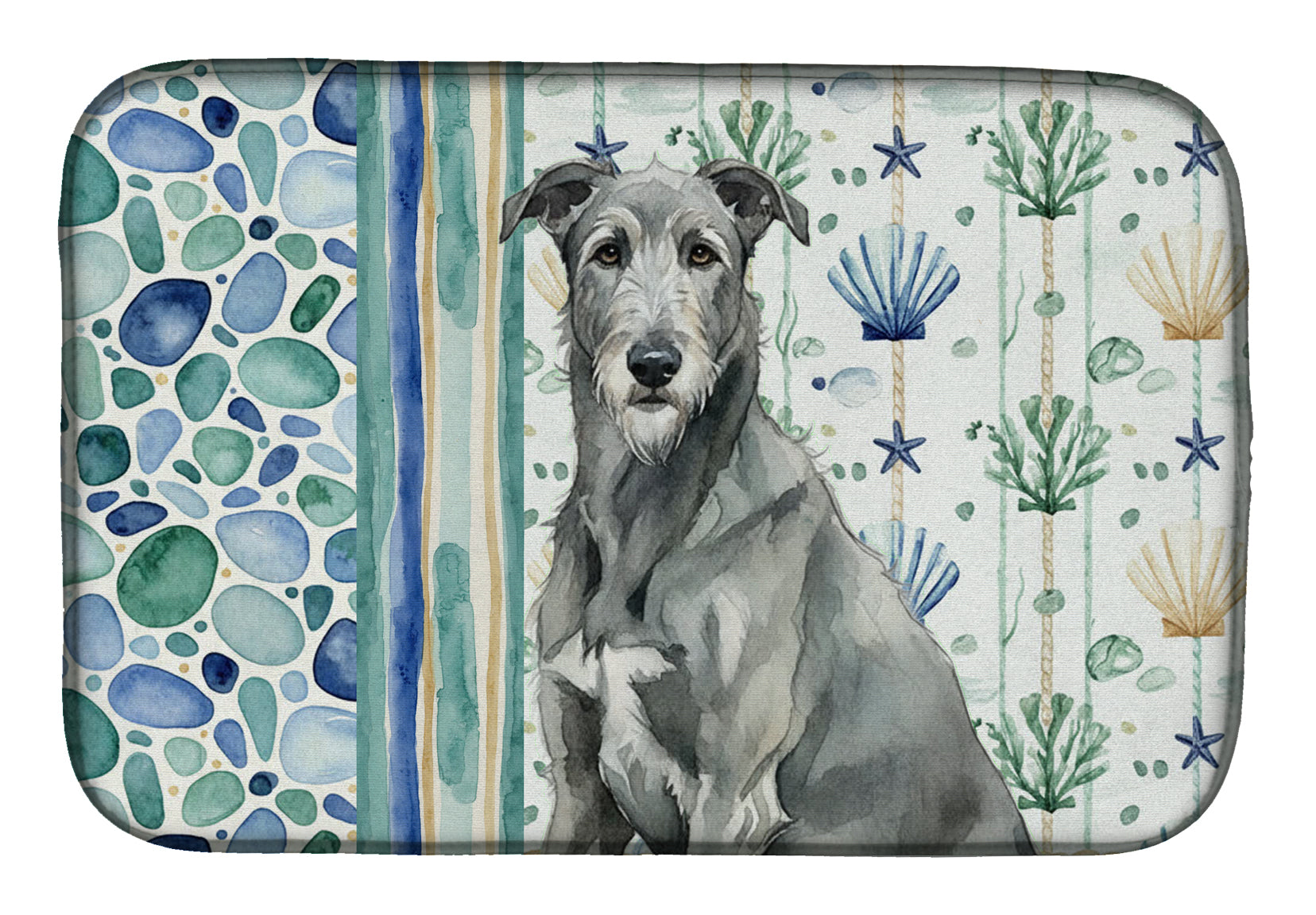Gray Irish Wolfhound Coastal Sea Glass Dish Drying Mat Absorbent Dish Drying Mat Pad for Kitchen Counter Dish Drainer Mat for Countertop, 14 x 21", Multicolor