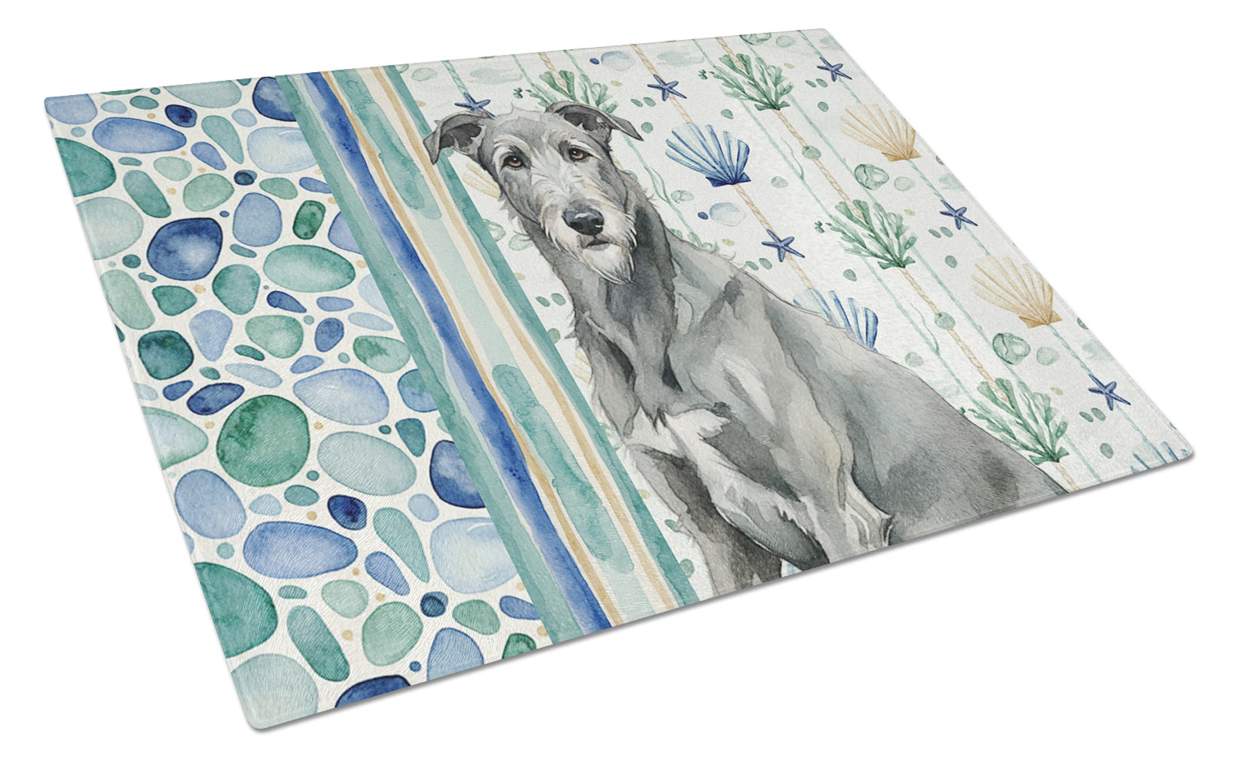 Gray Irish Wolfhound Coastal Sea Glass Cutting Board Tempered Glass Kitchen Cutting Surface, Heat Resistant Chopping, Non-Slip Feet, Food Prep & Serving