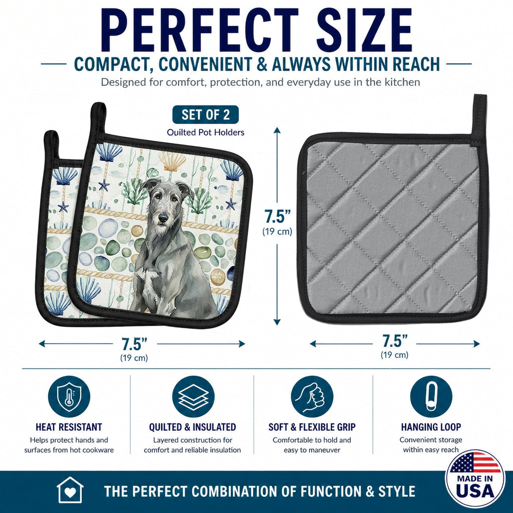 Gray Irish Wolfhound Coastal Sea Glass Pot Holder Set of 2 Heat Resistant Quilted Hot Pads 7.5 x 7.5 Inch, Insulated Kitchen Trivets for Cooking & Baking