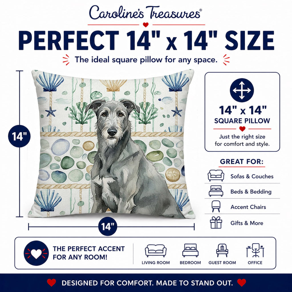 Gray Irish Wolfhound Coastal Sea Glass Decorative Throw Pillow 14x14 Indoor Outdoor Accent Cushion, Fabric Cover with Insert for Sofa, Bed, Porch & Living Room