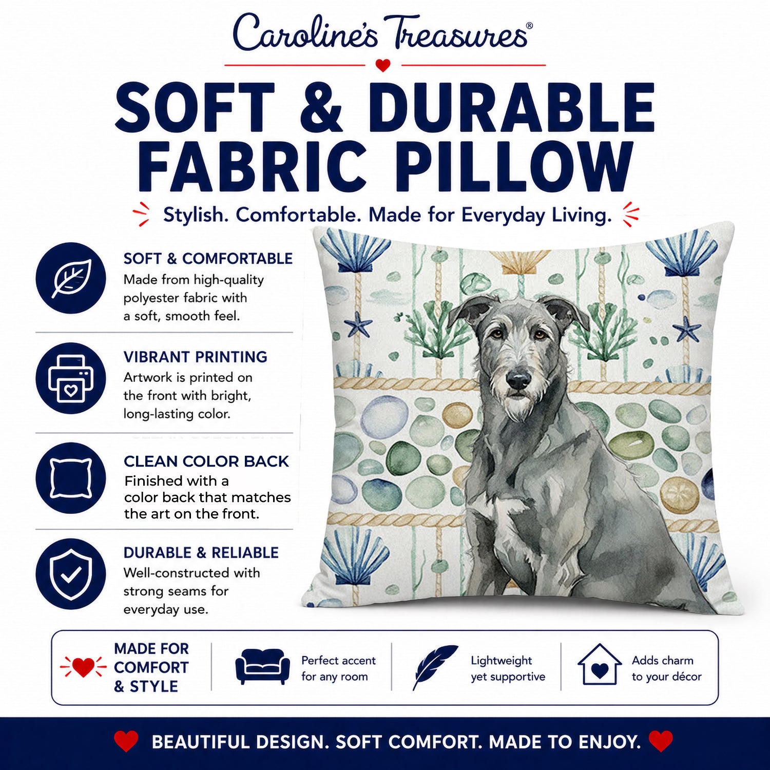 Gray Irish Wolfhound Coastal Sea Glass Decorative Throw Pillow 18x18 Indoor Outdoor Accent Cushion, Fabric Cover with Insert for Sofa, Bed, Porch & Living Room
