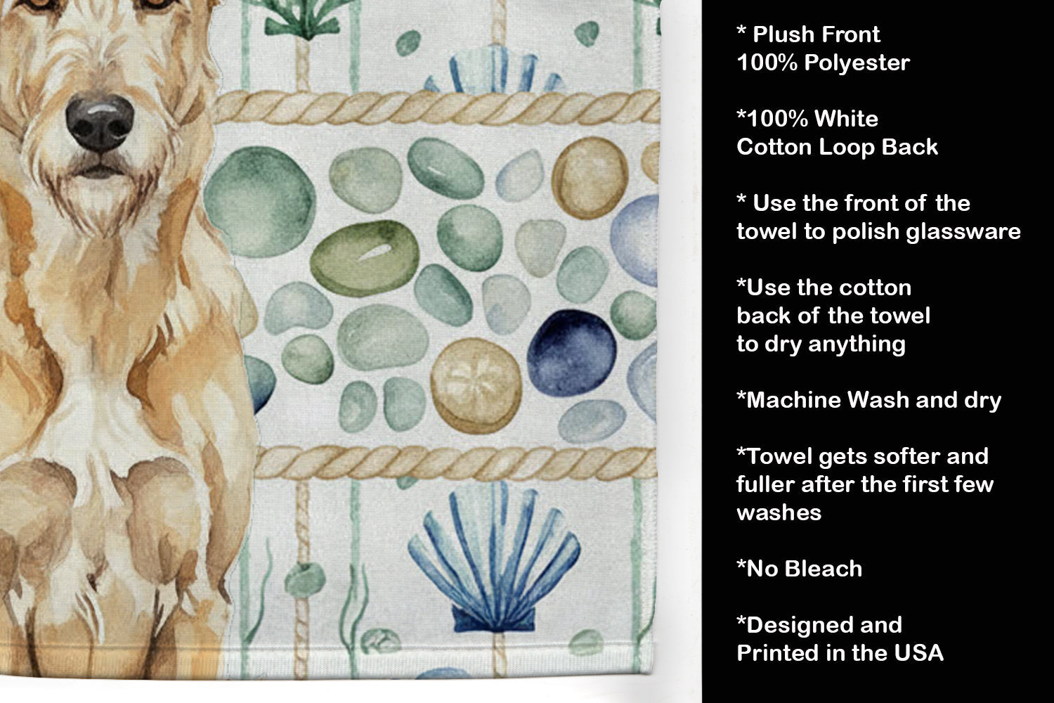 Wheaten Irish Wolfhound Coastal Sea Glass Kitchen Towel Velour Plush Front and Cotton Loop Back Machine Washable