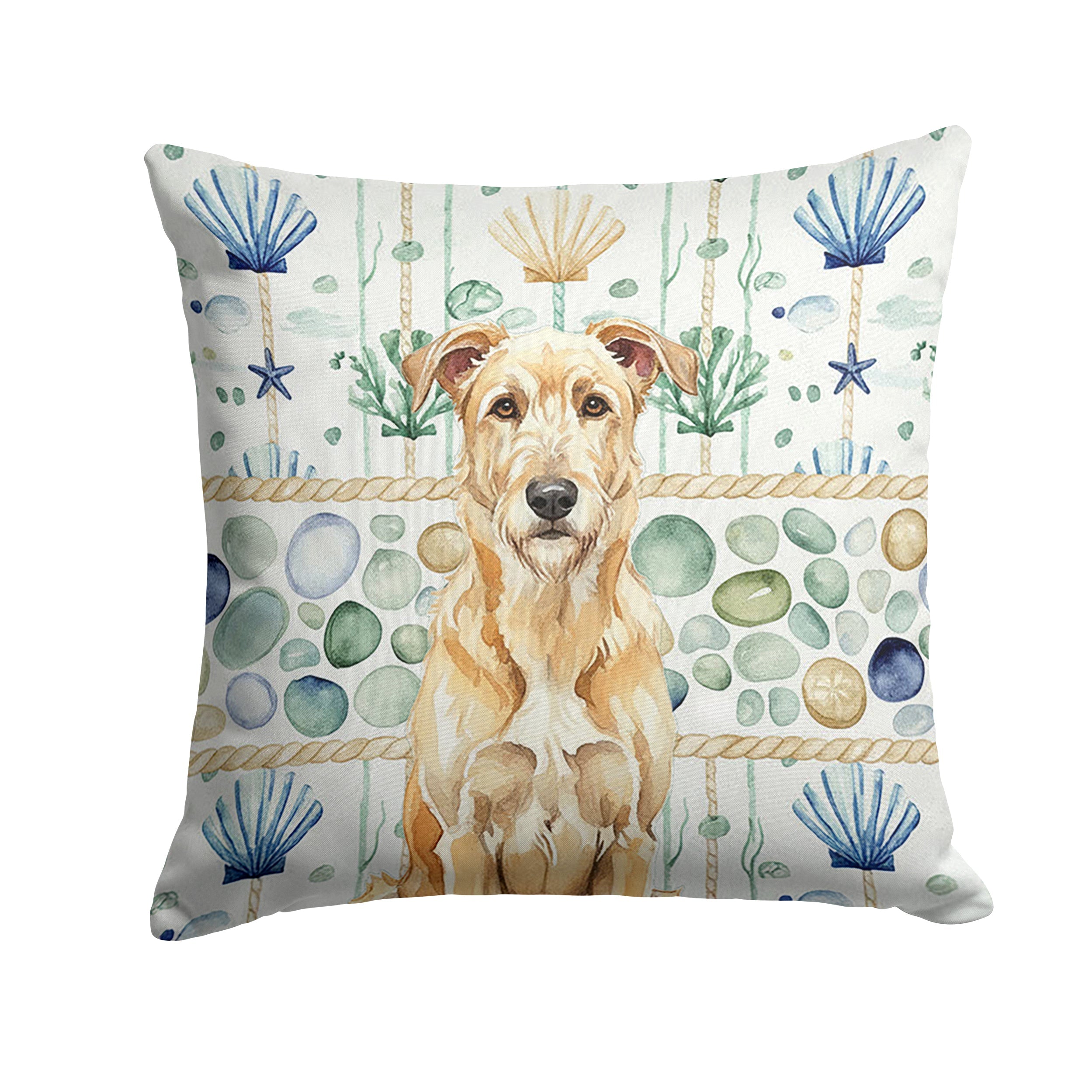Wheaten Irish Wolfhound Coastal Sea Glass Decorative Throw Pillow 14x14 Indoor Outdoor Accent Cushion, Fabric Cover with Insert for Sofa, Bed, Porch & Living Room