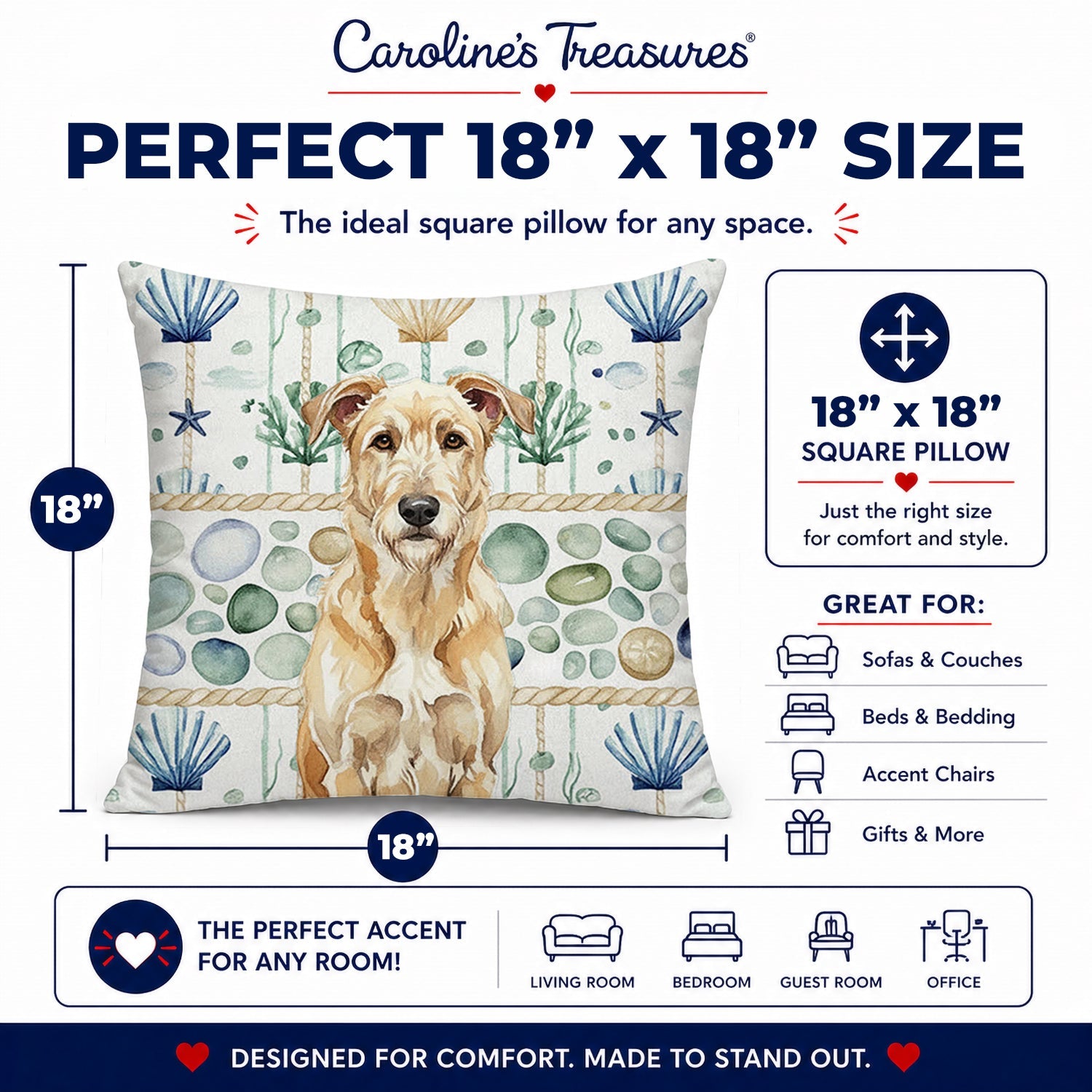 Wheaten Irish Wolfhound Coastal Sea Glass Decorative Throw Pillow 18x18 Indoor Outdoor Accent Cushion, Fabric Cover with Insert for Sofa, Bed, Porch & Living Room
