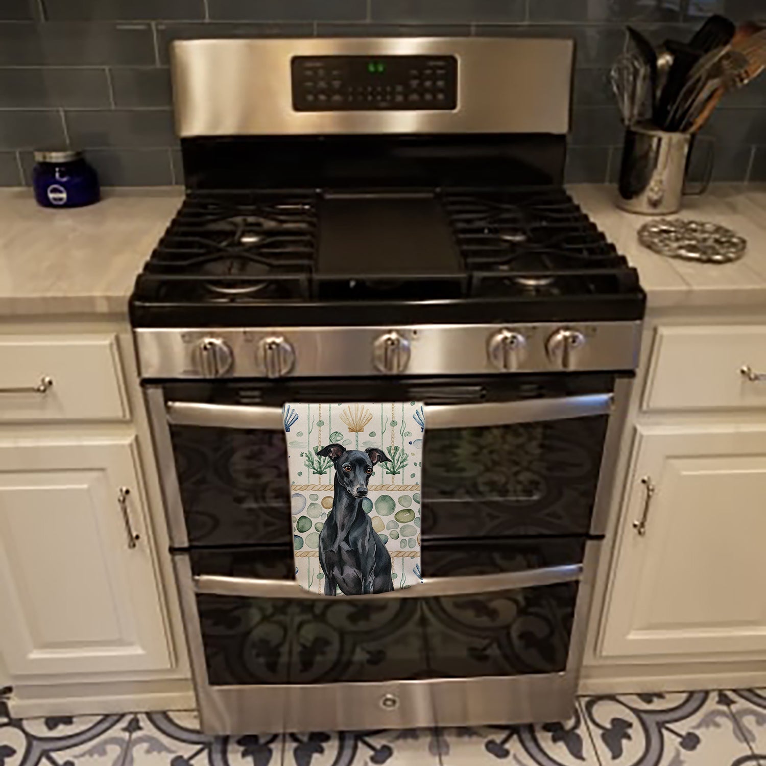 Black Italian Greyhound Coastal Sea Glass Kitchen Towel Velour Plush Front and Cotton Loop Back Machine Washable