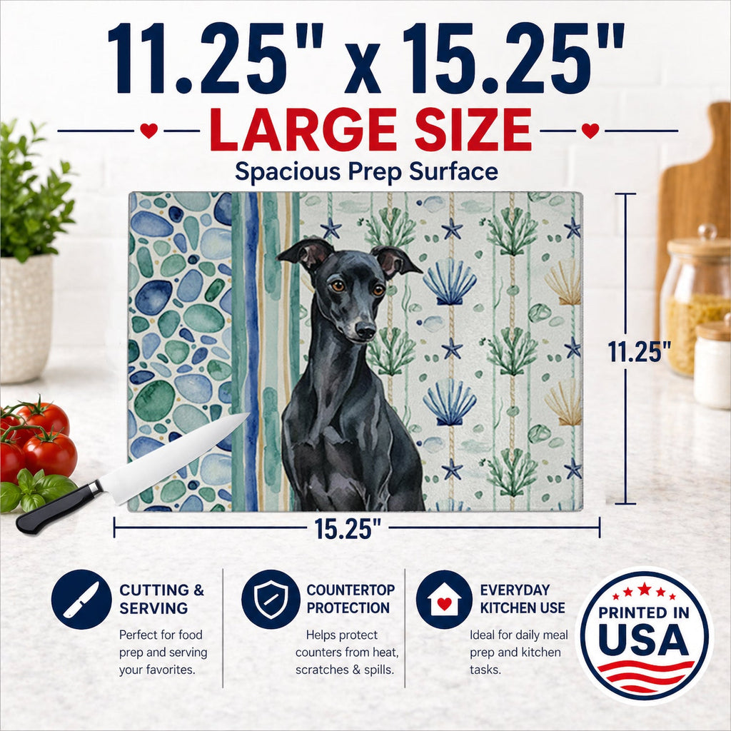 Black Italian Greyhound Coastal Sea Glass Cutting Board Tempered Glass Kitchen Cutting Surface, Heat Resistant Chopping, Non-Slip Feet, Food Prep & Serving