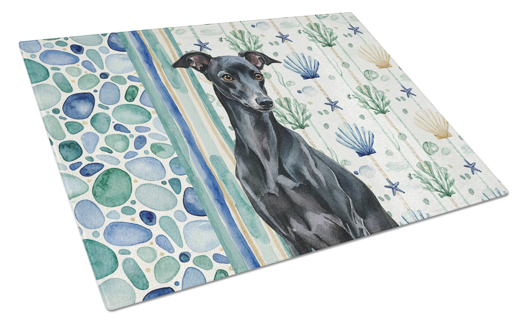 Black Italian Greyhound Coastal Sea Glass Cutting Board Tempered Glass Kitchen Cutting Surface, Heat Resistant Chopping, Non-Slip Feet, Food Prep & Serving