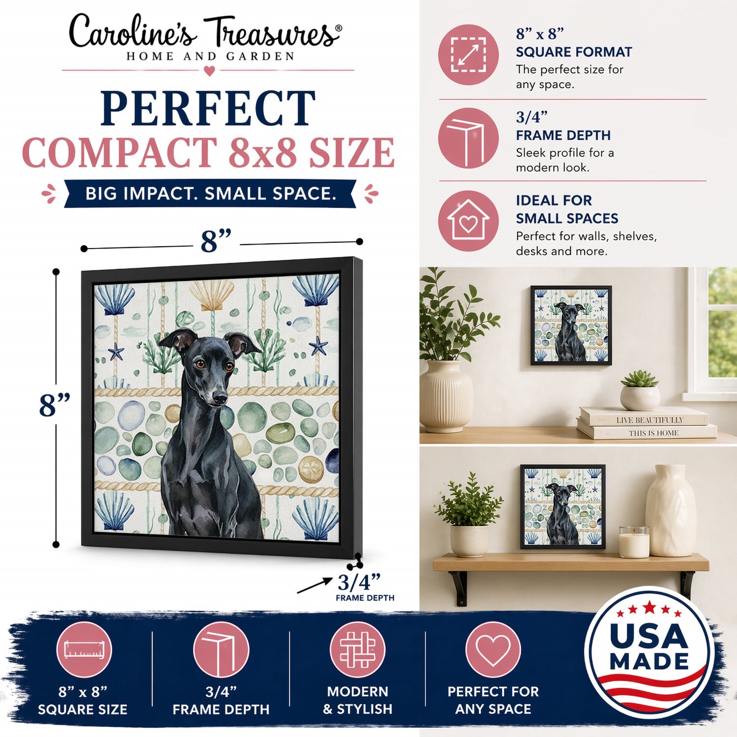 Black Italian Greyhound Coastal Sea Glass Framed Metal Print Bathroom, Kitchen, Office, Home Decor Wall Art Ready to Hang, Square, 8X8