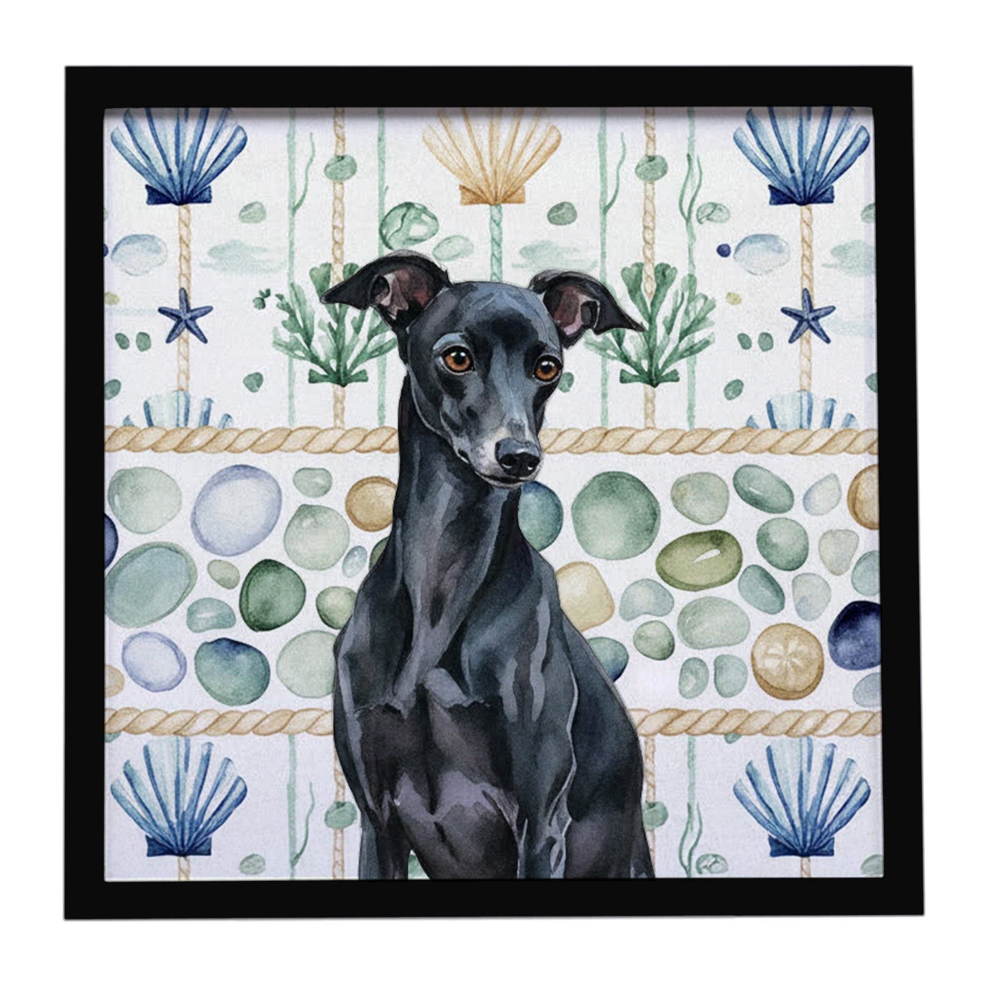 Black Italian Greyhound Coastal Sea Glass Framed Metal Print Bathroom, Kitchen, Office, Home Decor Wall Art Ready to Hang, Square, 8X8