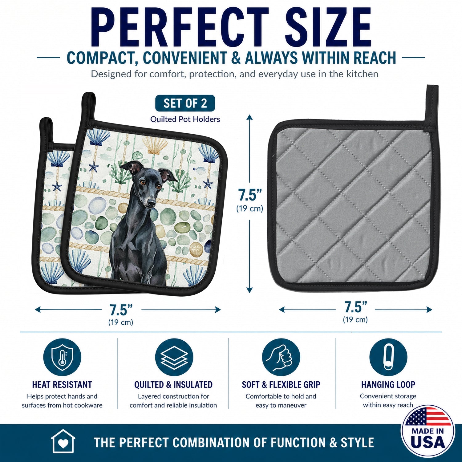 Black Italian Greyhound Coastal Sea Glass Pot Holder Set of 2 Heat Resistant Quilted Hot Pads 7.5 x 7.5 Inch, Insulated Kitchen Trivets for Cooking & Baking