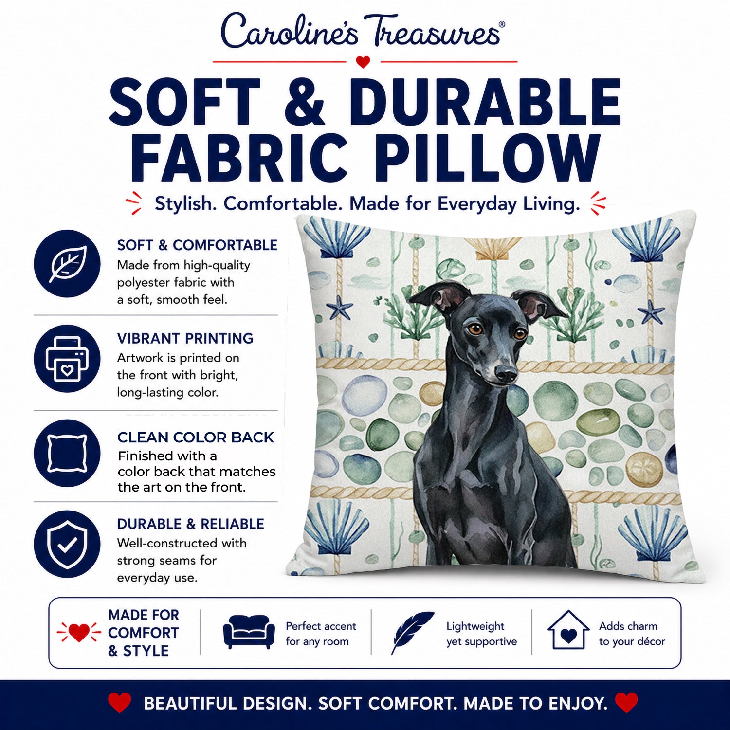 Black Italian Greyhound Coastal Sea Glass Decorative Throw Pillow 14x14 Indoor Outdoor Accent Cushion, Fabric Cover with Insert for Sofa, Bed, Porch & Living Room