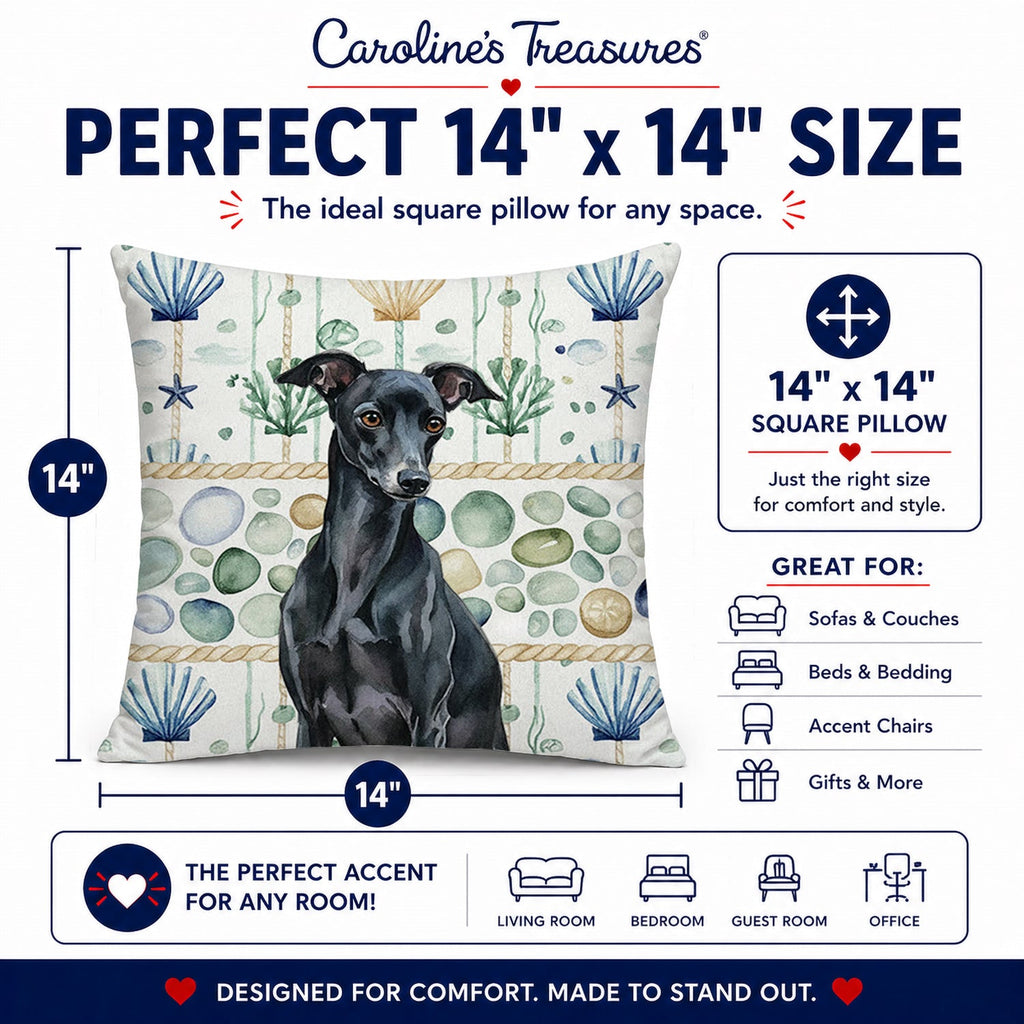 Black Italian Greyhound Coastal Sea Glass Decorative Throw Pillow 14x14 Indoor Outdoor Accent Cushion, Fabric Cover with Insert for Sofa, Bed, Porch & Living Room