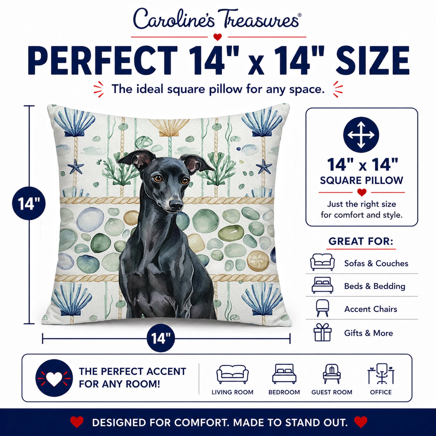 Black Italian Greyhound Coastal Sea Glass Decorative Throw Pillow 14x14 Indoor Outdoor Accent Cushion, Fabric Cover with Insert for Sofa, Bed, Porch & Living Room