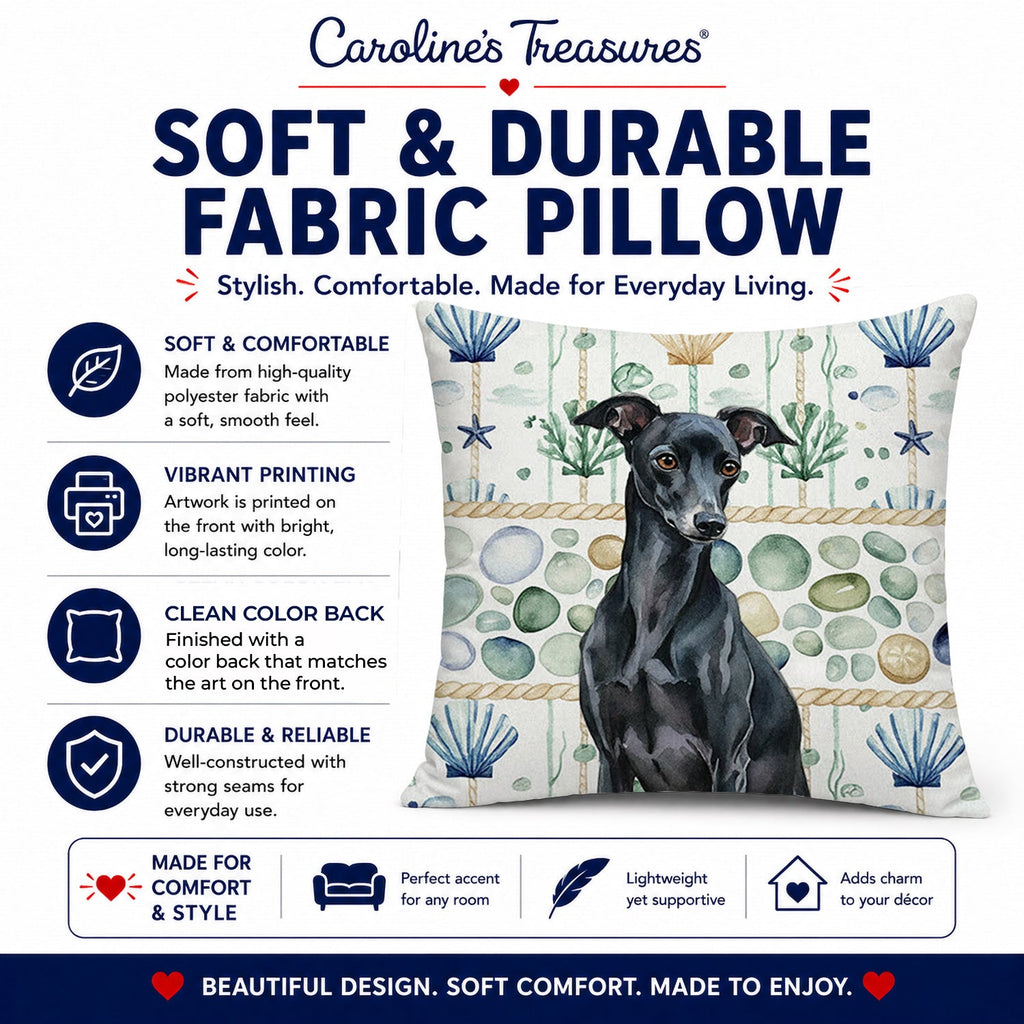 Black Italian Greyhound Coastal Sea Glass Decorative Throw Pillow 18x18 Indoor Outdoor Accent Cushion, Fabric Cover with Insert for Sofa, Bed, Porch & Living Room