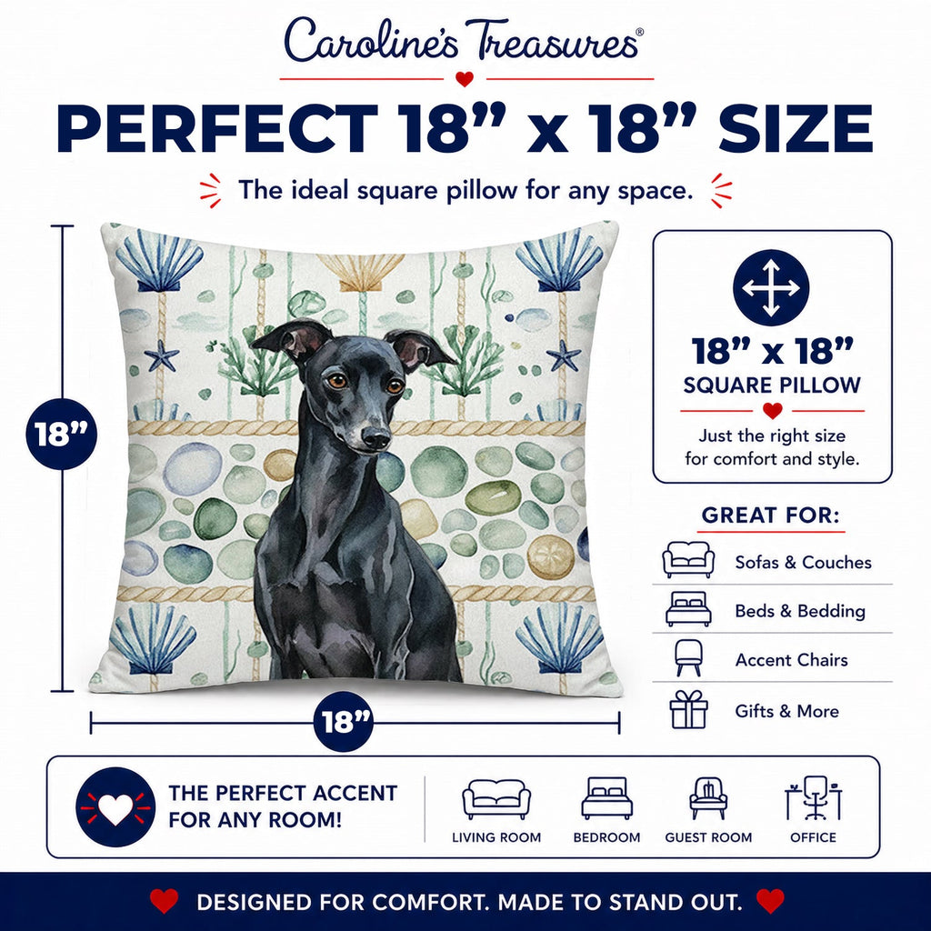 Black Italian Greyhound Coastal Sea Glass Decorative Throw Pillow 18x18 Indoor Outdoor Accent Cushion, Fabric Cover with Insert for Sofa, Bed, Porch & Living Room