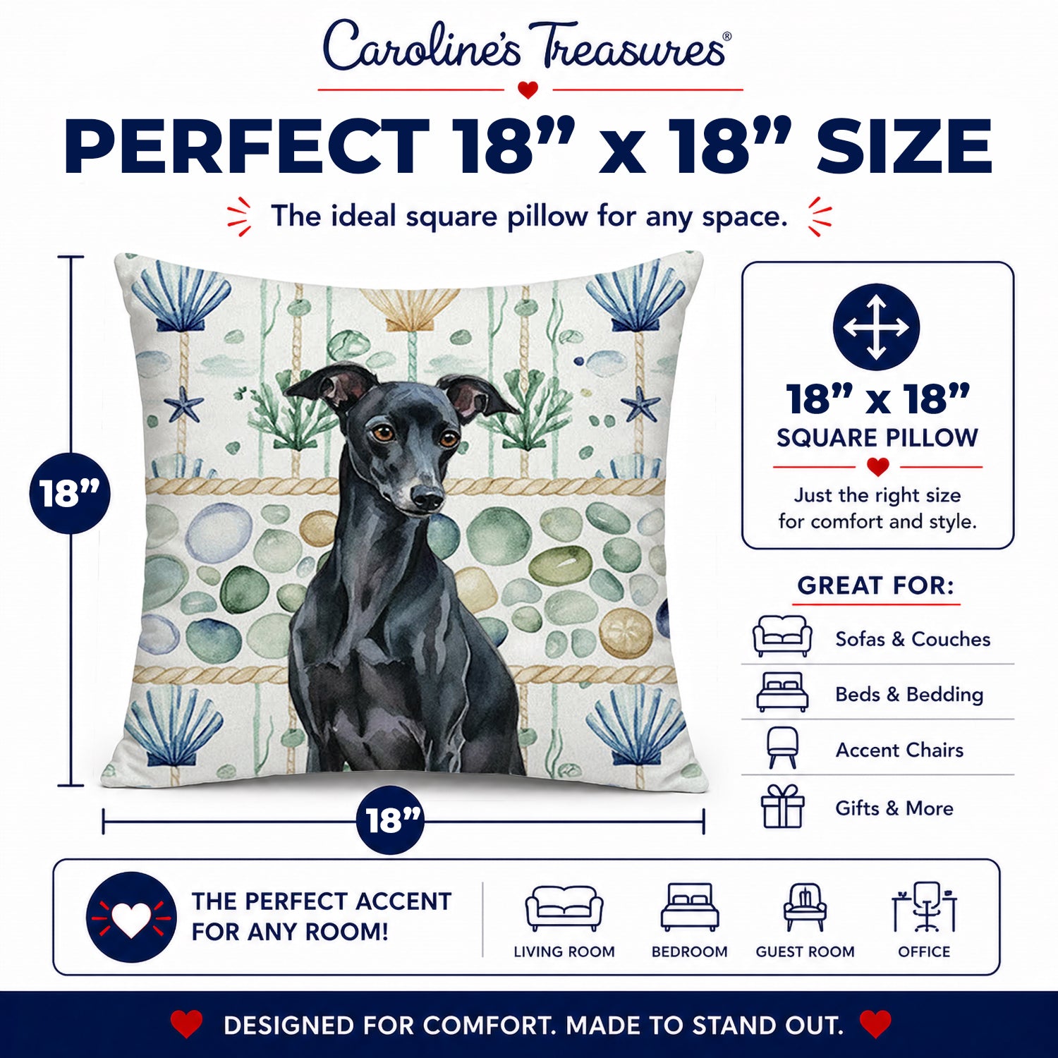 Black Italian Greyhound Coastal Sea Glass Decorative Throw Pillow 18x18 Indoor Outdoor Accent Cushion, Fabric Cover with Insert for Sofa, Bed, Porch & Living Room