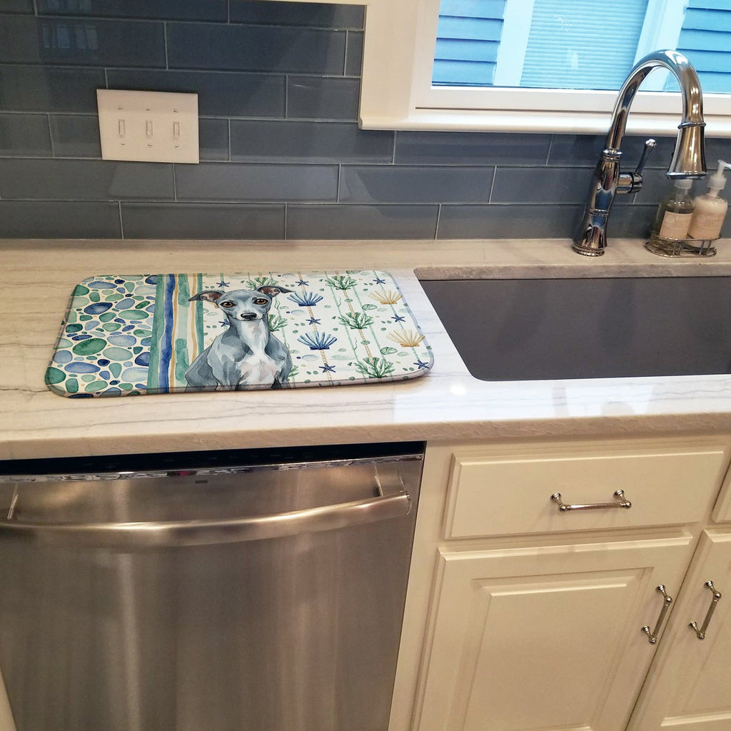 Blue Italian Greyhound Coastal Sea Glass Dish Drying Mat Absorbent Dish Drying Mat Pad for Kitchen Counter Dish Drainer Mat for Countertop, 14 x 21", Multicolor