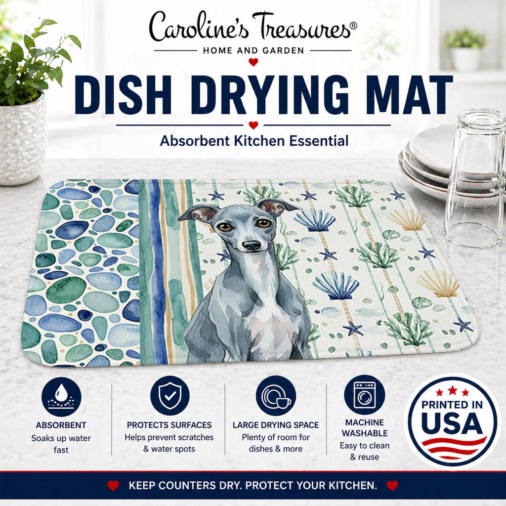 Blue Italian Greyhound Coastal Sea Glass Dish Drying Mat Absorbent Dish Drying Mat Pad for Kitchen Counter Dish Drainer Mat for Countertop, 14 x 21", Multicolor