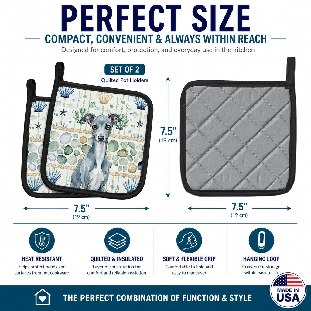 Blue Italian Greyhound Coastal Sea Glass Pot Holder Set of 2 Heat Resistant Quilted Hot Pads 7.5 x 7.5 Inch, Insulated Kitchen Trivets for Cooking & Baking