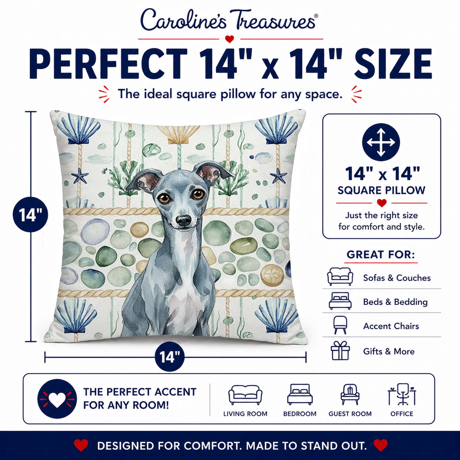 Blue Italian Greyhound Coastal Sea Glass Decorative Throw Pillow 14x14 Indoor Outdoor Accent Cushion, Fabric Cover with Insert for Sofa, Bed, Porch & Living Room