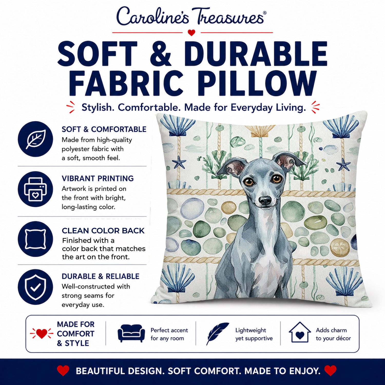 Blue Italian Greyhound Coastal Sea Glass Decorative Throw Pillow 18x18 Indoor Outdoor Accent Cushion, Fabric Cover with Insert for Sofa, Bed, Porch & Living Room