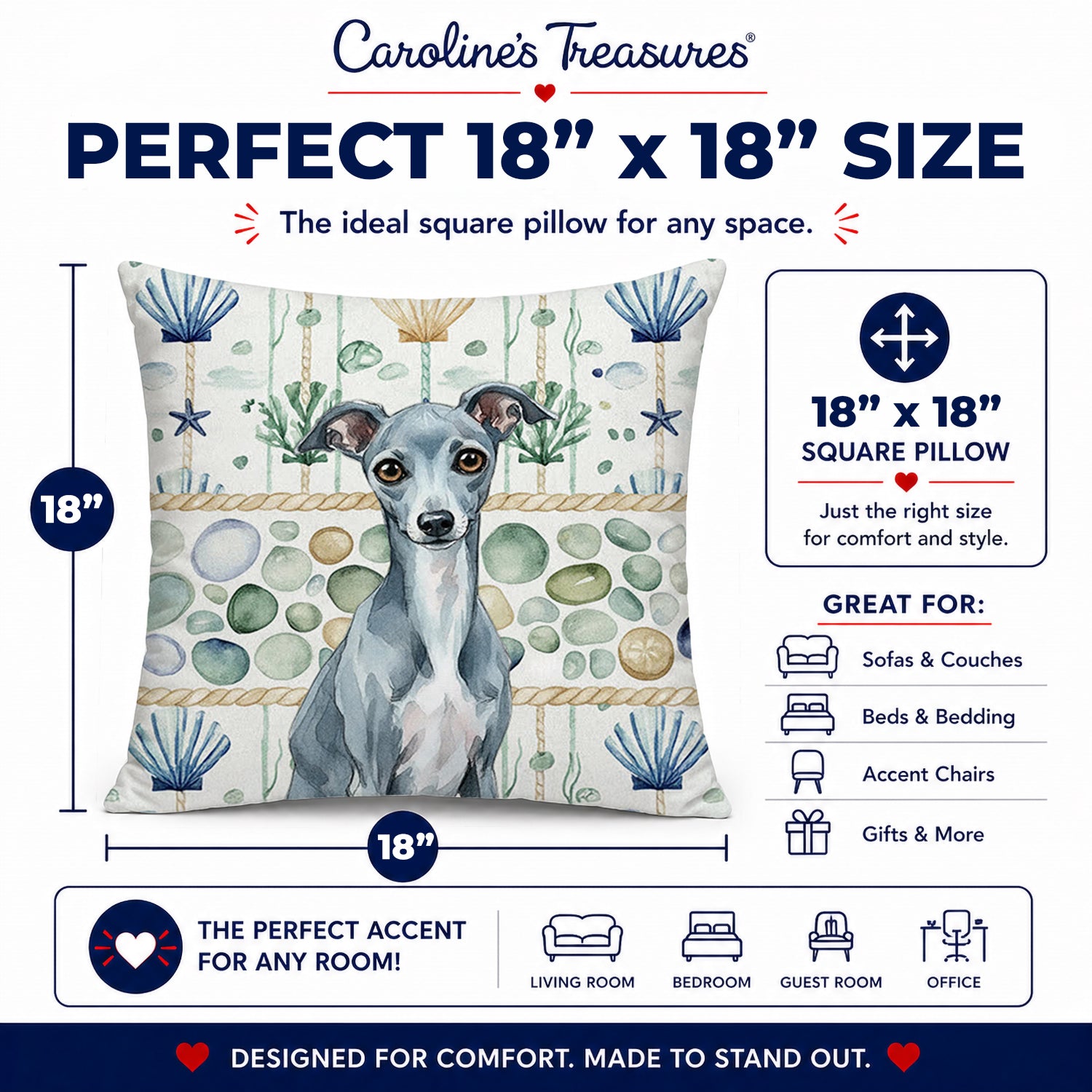 Blue Italian Greyhound Coastal Sea Glass Decorative Throw Pillow 18x18 Indoor Outdoor Accent Cushion, Fabric Cover with Insert for Sofa, Bed, Porch & Living Room