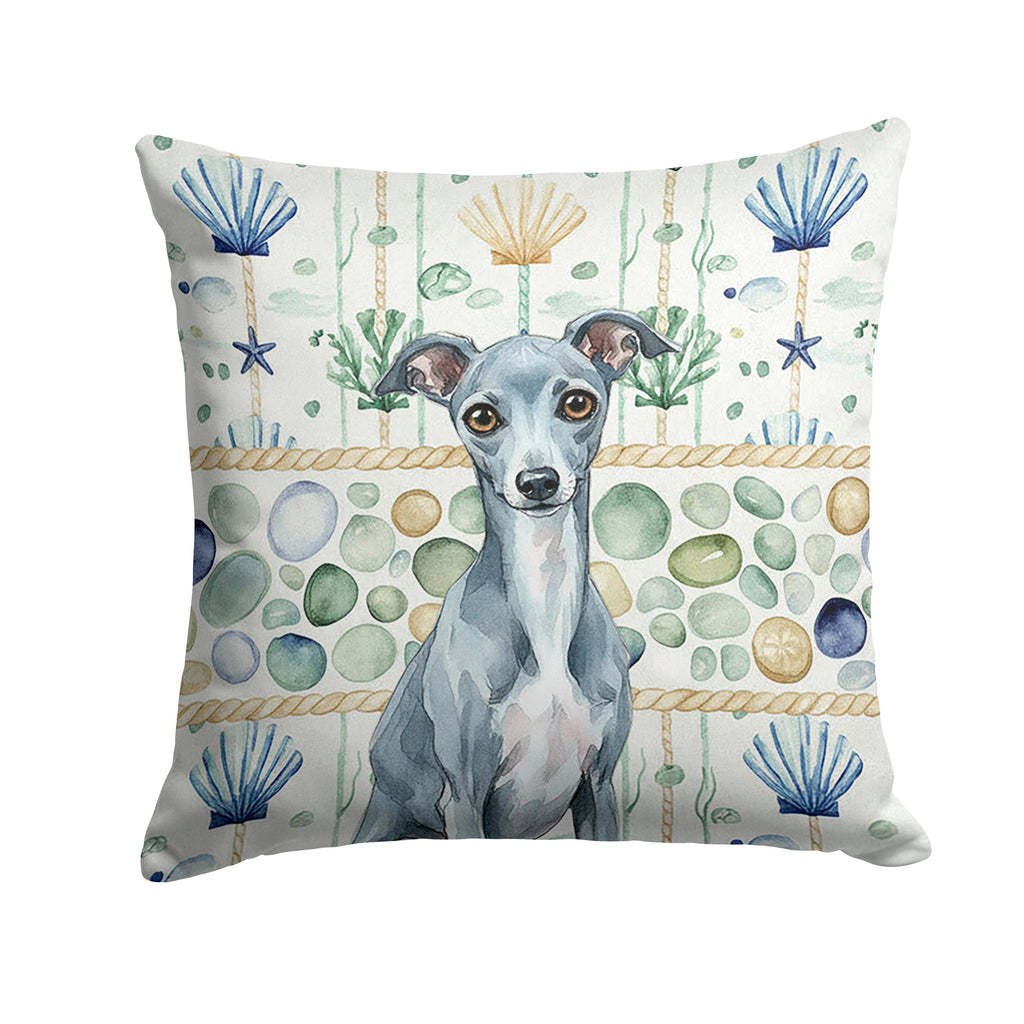 Blue Italian Greyhound Coastal Sea Glass Decorative Throw Pillow 18x18 Indoor Outdoor Accent Cushion, Fabric Cover with Insert for Sofa, Bed, Porch & Living Room