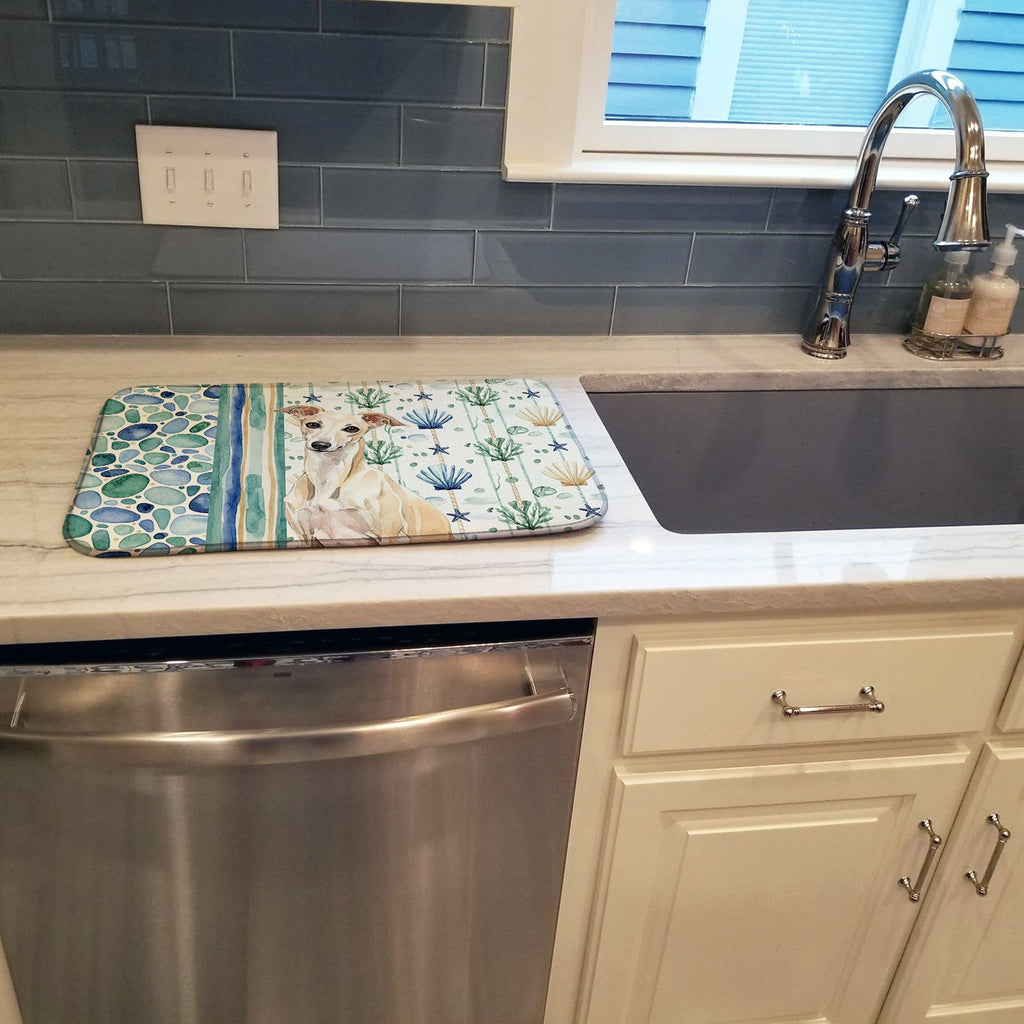 Cream Italian Greyhound Coastal Sea Glass Dish Drying Mat Absorbent Dish Drying Mat Pad for Kitchen Counter Dish Drainer Mat for Countertop, 14 x 21", Multicolor