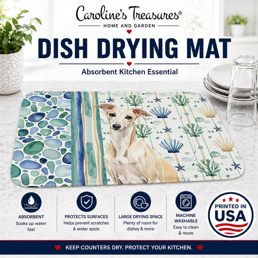 Cream Italian Greyhound Coastal Sea Glass Dish Drying Mat Absorbent Dish Drying Mat Pad for Kitchen Counter Dish Drainer Mat for Countertop, 14 x 21", Multicolor