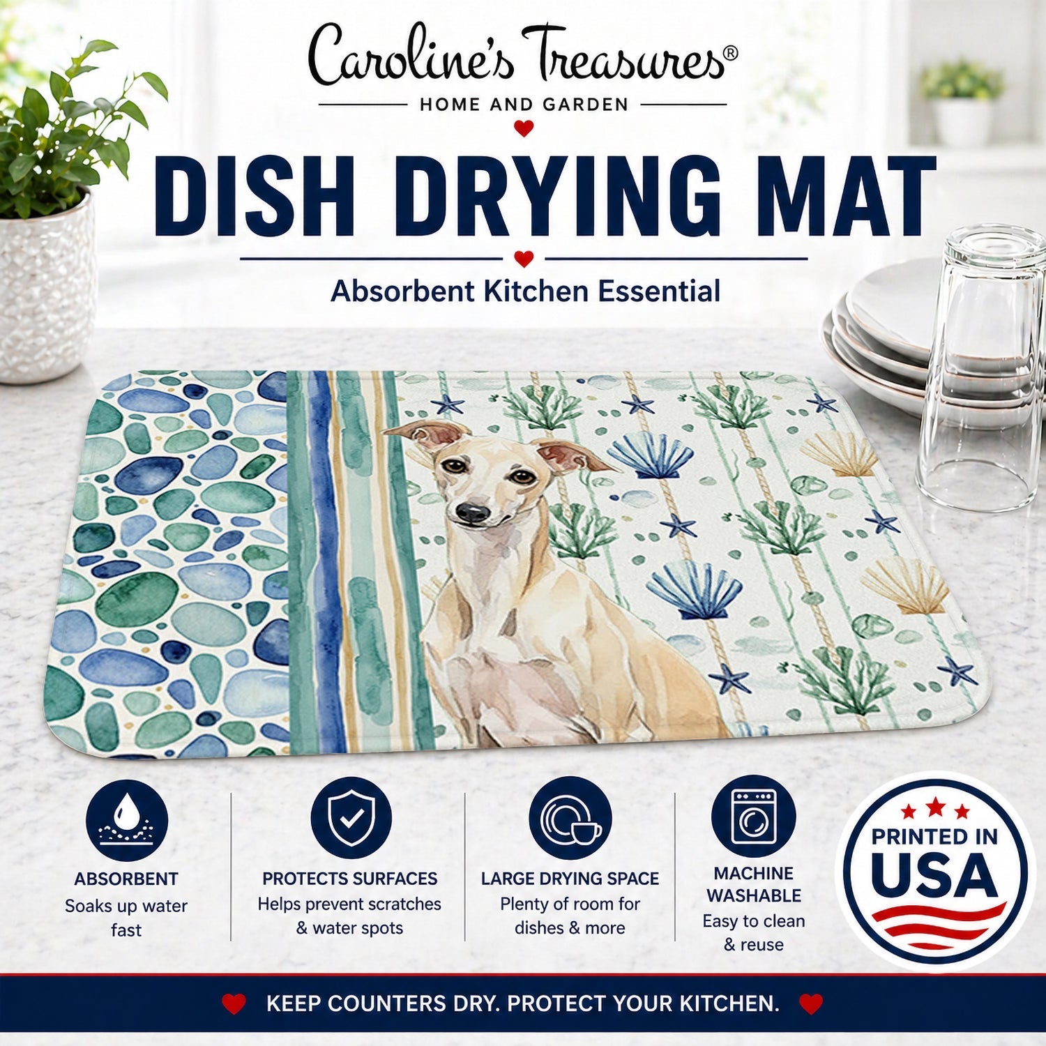 Cream Italian Greyhound Coastal Sea Glass Dish Drying Mat Absorbent Dish Drying Mat Pad for Kitchen Counter Dish Drainer Mat for Countertop, 14 x 21", Multicolor