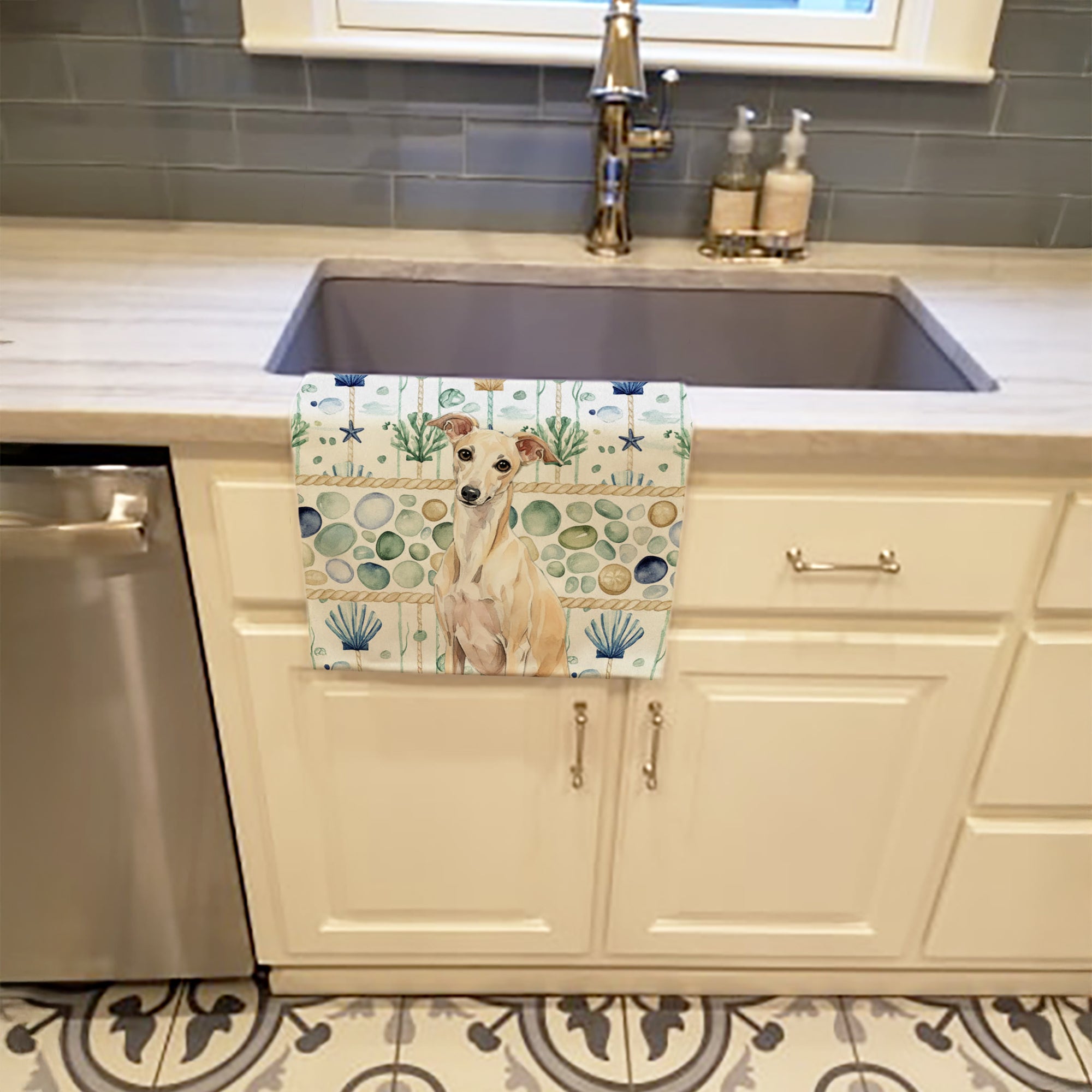 Cream Italian Greyhound Coastal Sea Glass Kitchen Towel Velour Plush Front and Cotton Loop Back Machine Washable